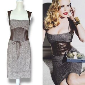 New Y2K Vintage Bebe Brown Leather + Tweed Lace-Up Corset Pencil Dress | Size 6